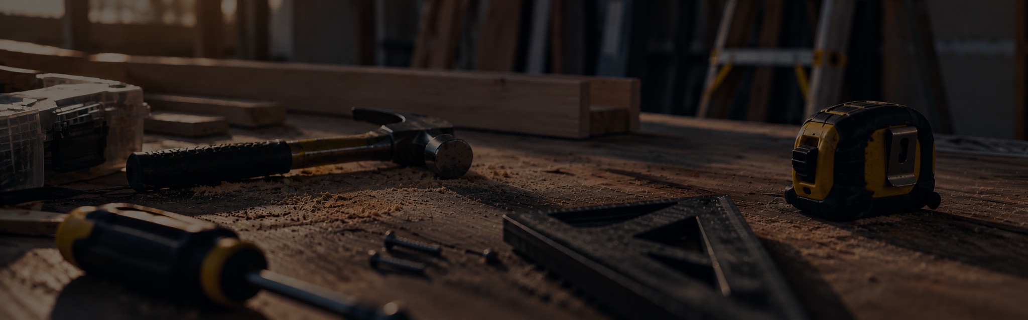 Hand tools and a tape measure on a wooden workbench